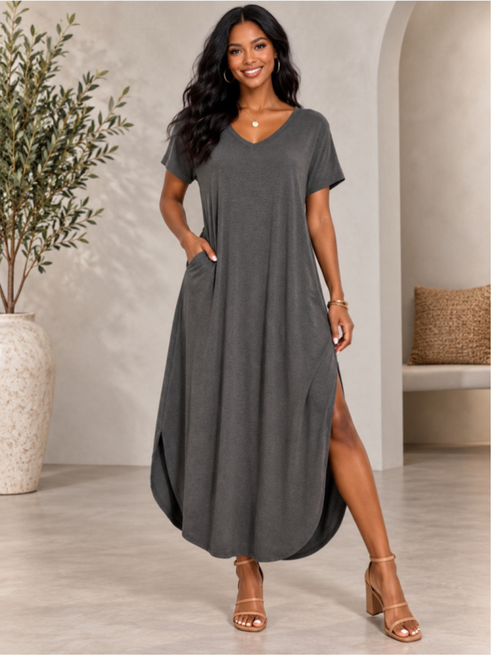 NEW Zenana Outfitters Ash Grey V-Neck Maxi Dress with Pockets & Side Slits